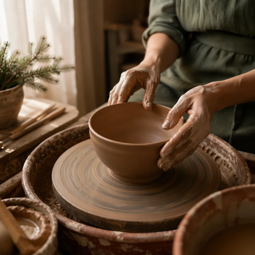 Potter Hands Shaping Clay With Evergreen Accents