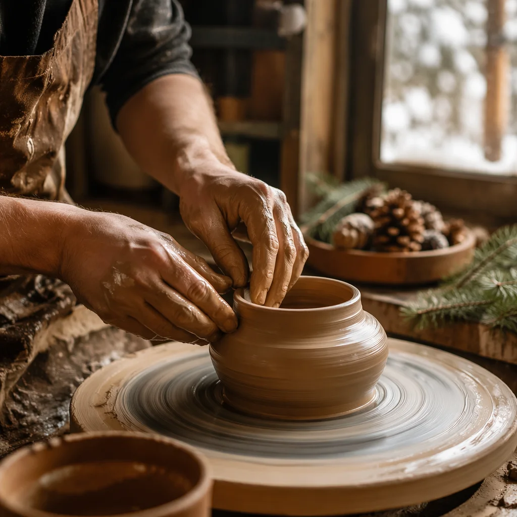 Potter Hands Shaping Clay with Evergreen Hope