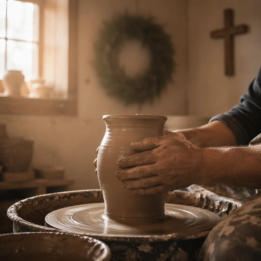 Potter Hands Shaping Clay With Evergreen Faith