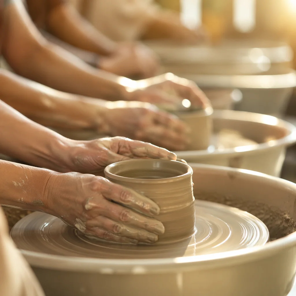 Potter Hands Shaping Clay in Community Studio