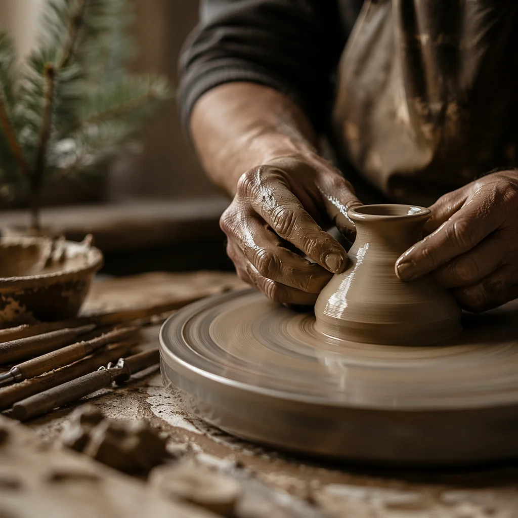 Potter Hands Shaping Clay with Evergreen