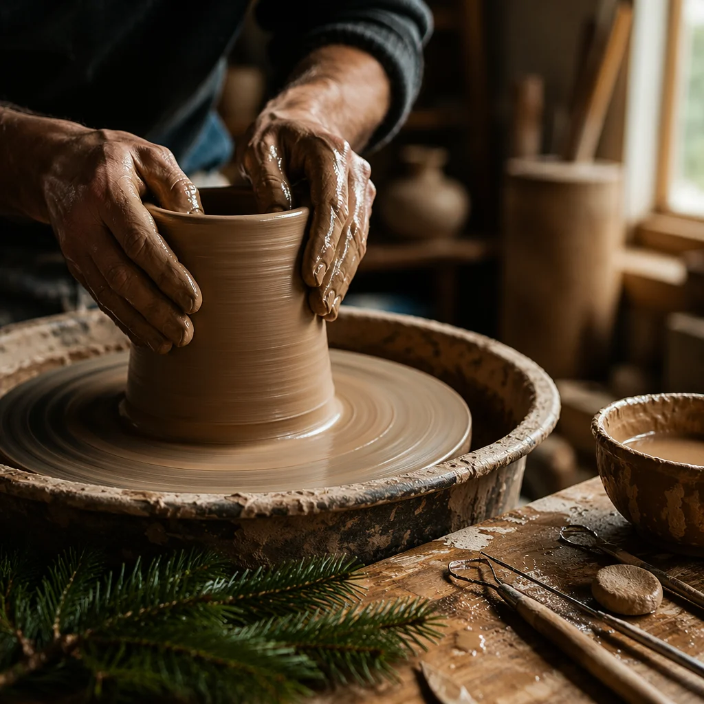 Potter Hands Shaping Clay with Evergreen