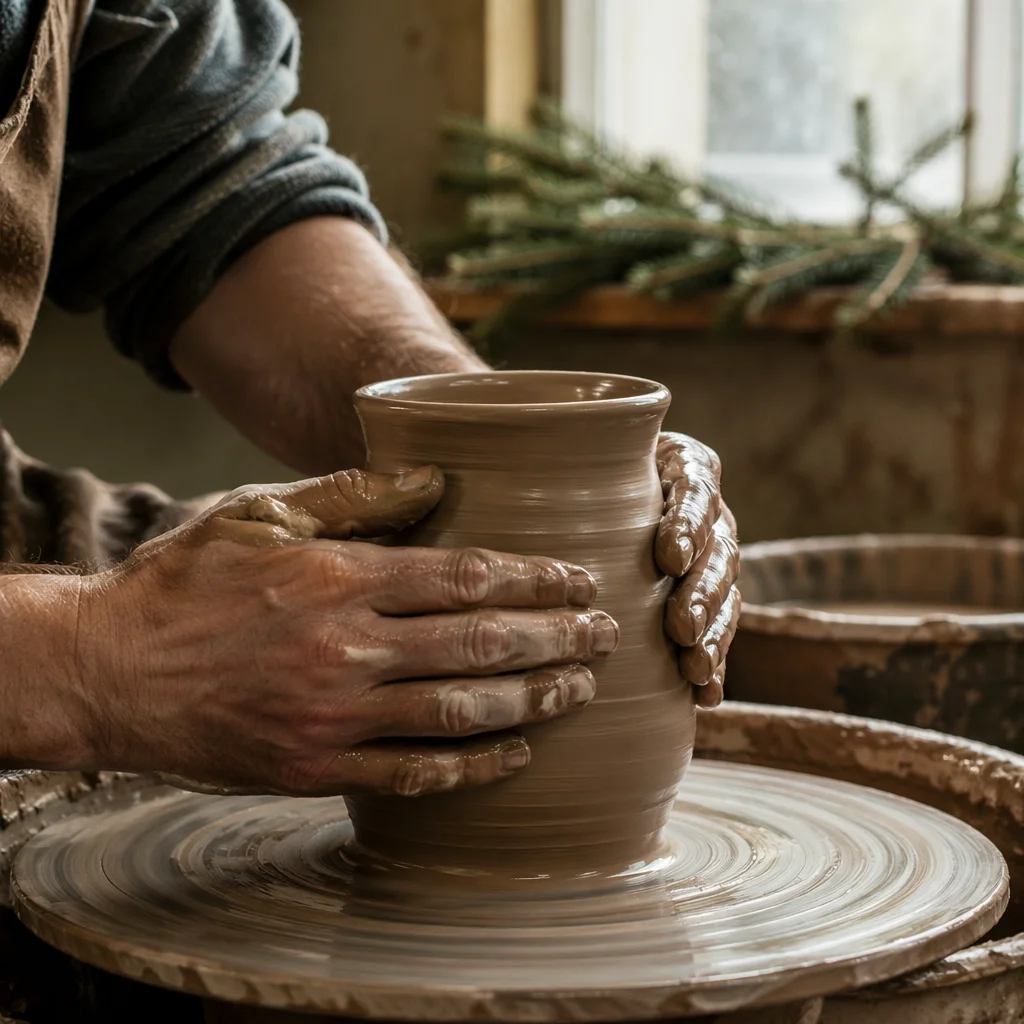 Potter Hands Shaping Clay With Evergreen Hope