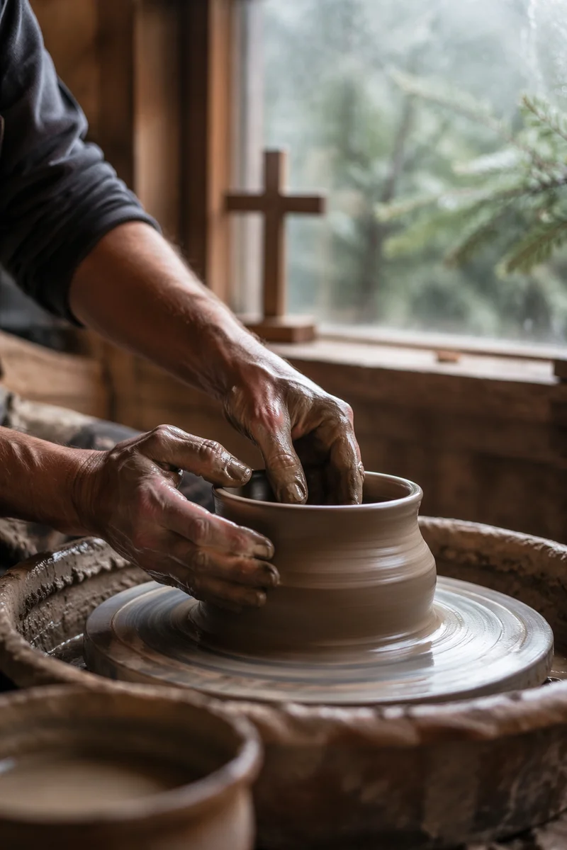 Potter Hands Shaping Clay in Quiet Workshop