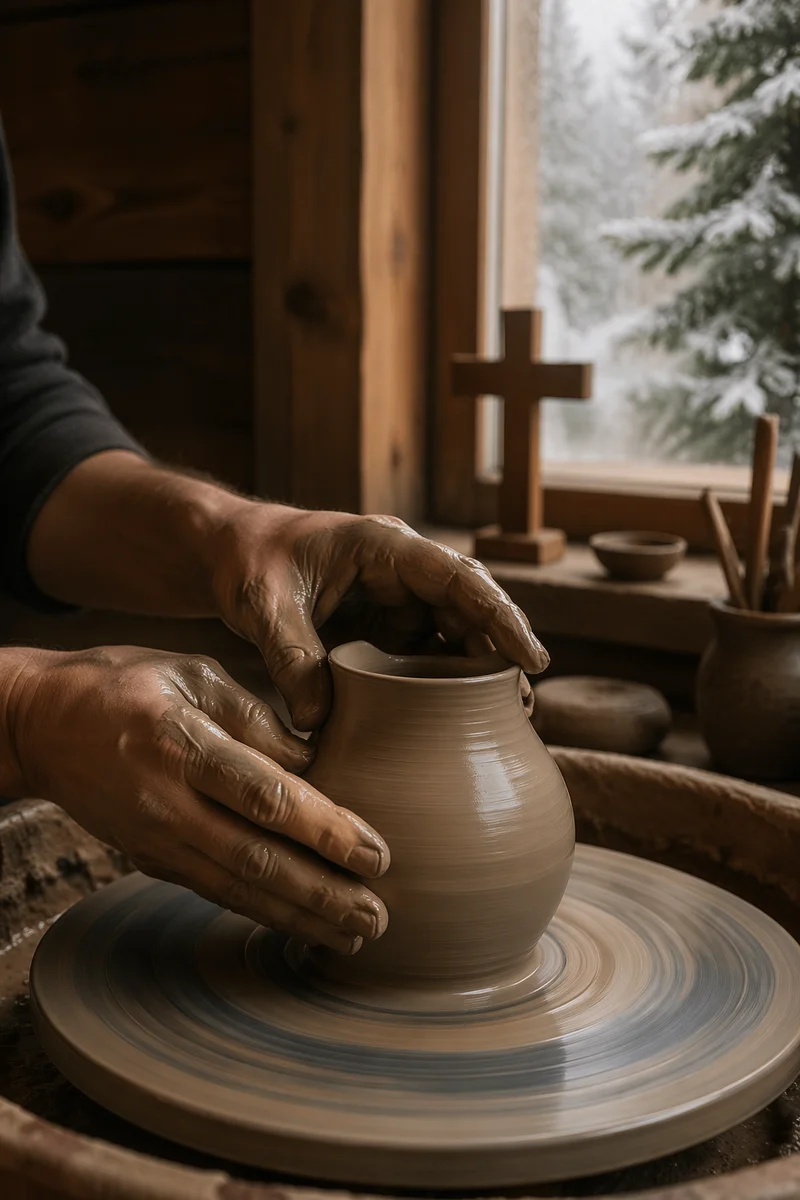 Potter Hands Shaping Clay in Winter Light