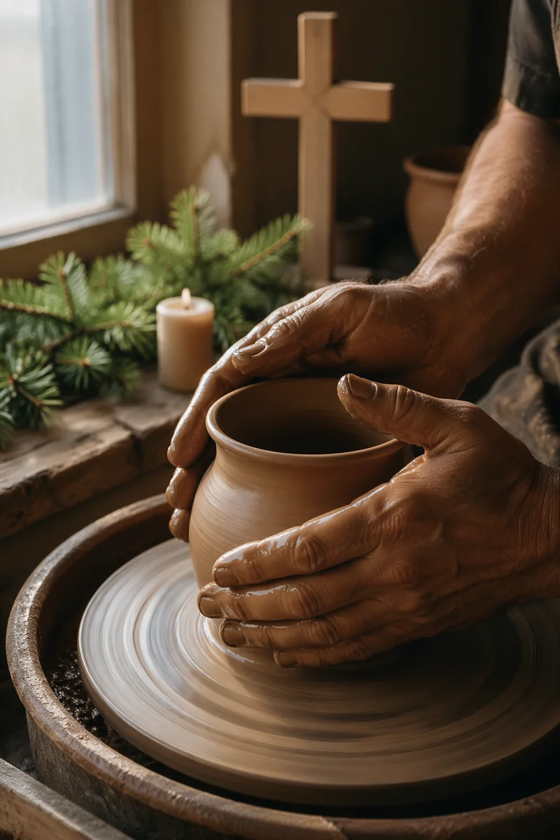 Potter Hands Shaping Clay with Evergreen Faith