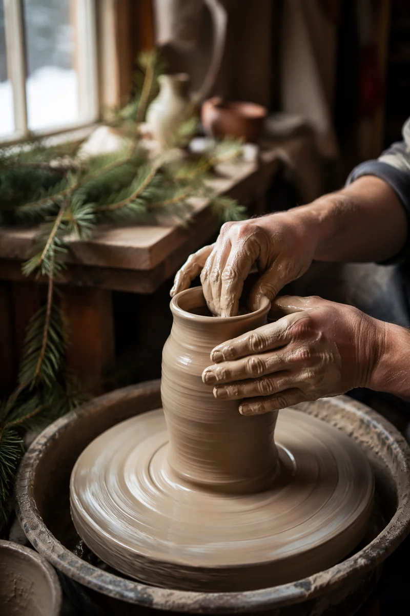 Potter Hands Shaping Clay with Evergreen Faith