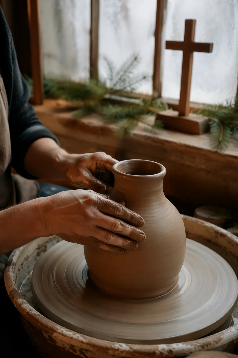 Potter Hands Shaping Clay with Evergreen Cross