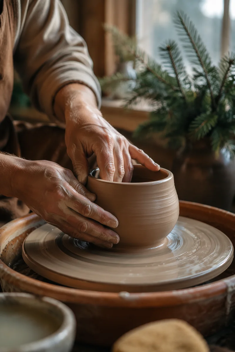 Potter Hands Shaping Clay with Evergreen Light