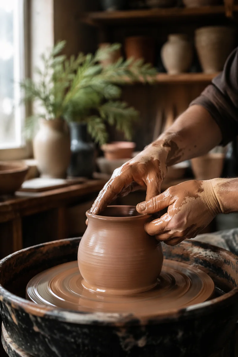 Potter Hands Shaping Clay in Morning Light