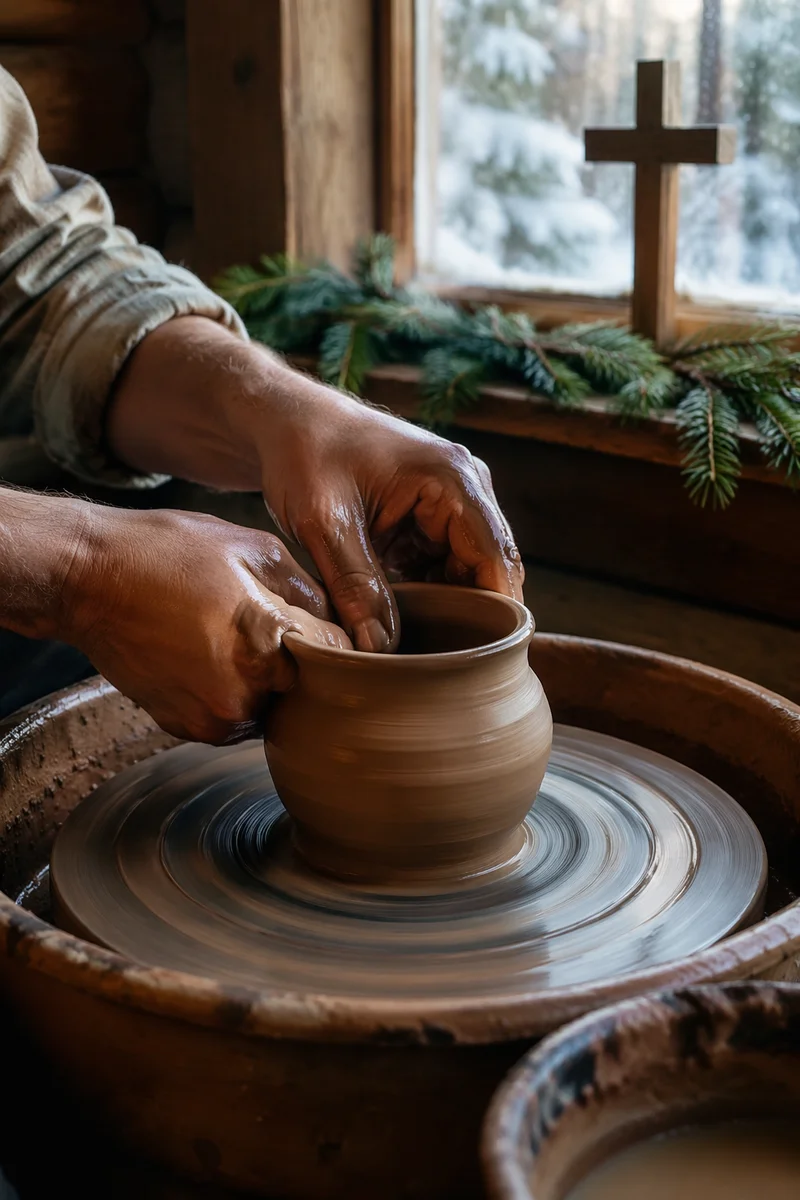 Potter Hands Shaping Clay with Evergreen Faith