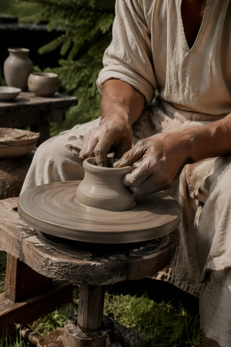 Potter Hands Shaping Clay With Evergreen Branches