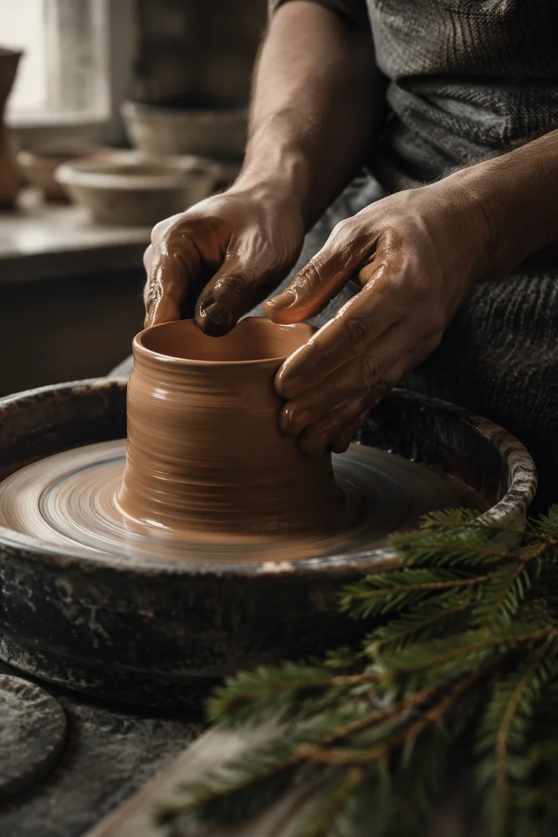 Potter Hands Shaping Clay With Evergreen Hope