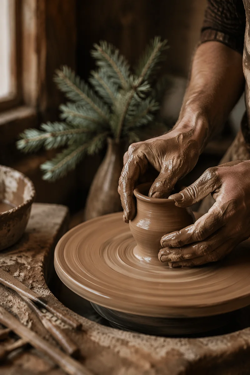 Potter Hands Shaping Clay with Evergreen Hope