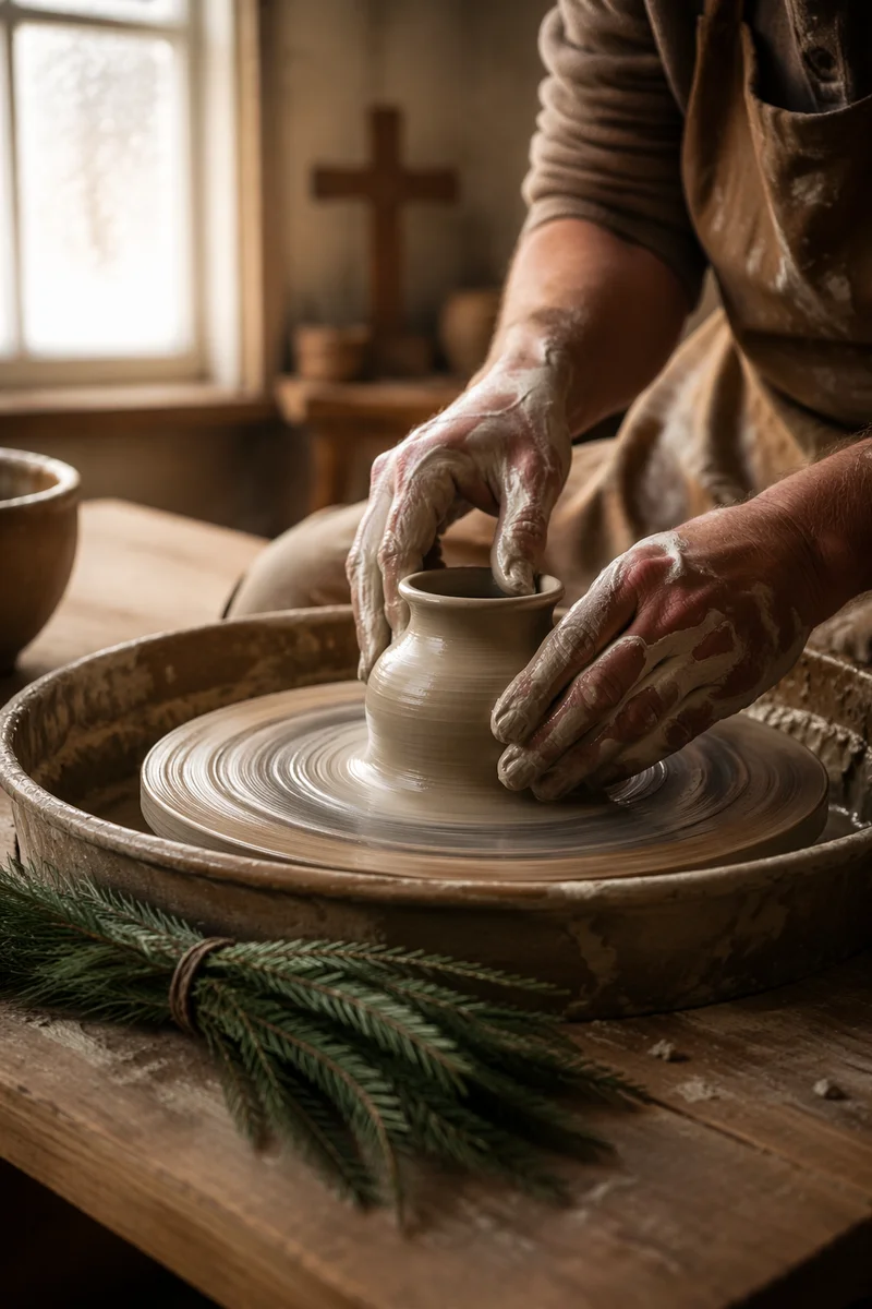 Potter Hands Shaping Clay with Evergreen Cross