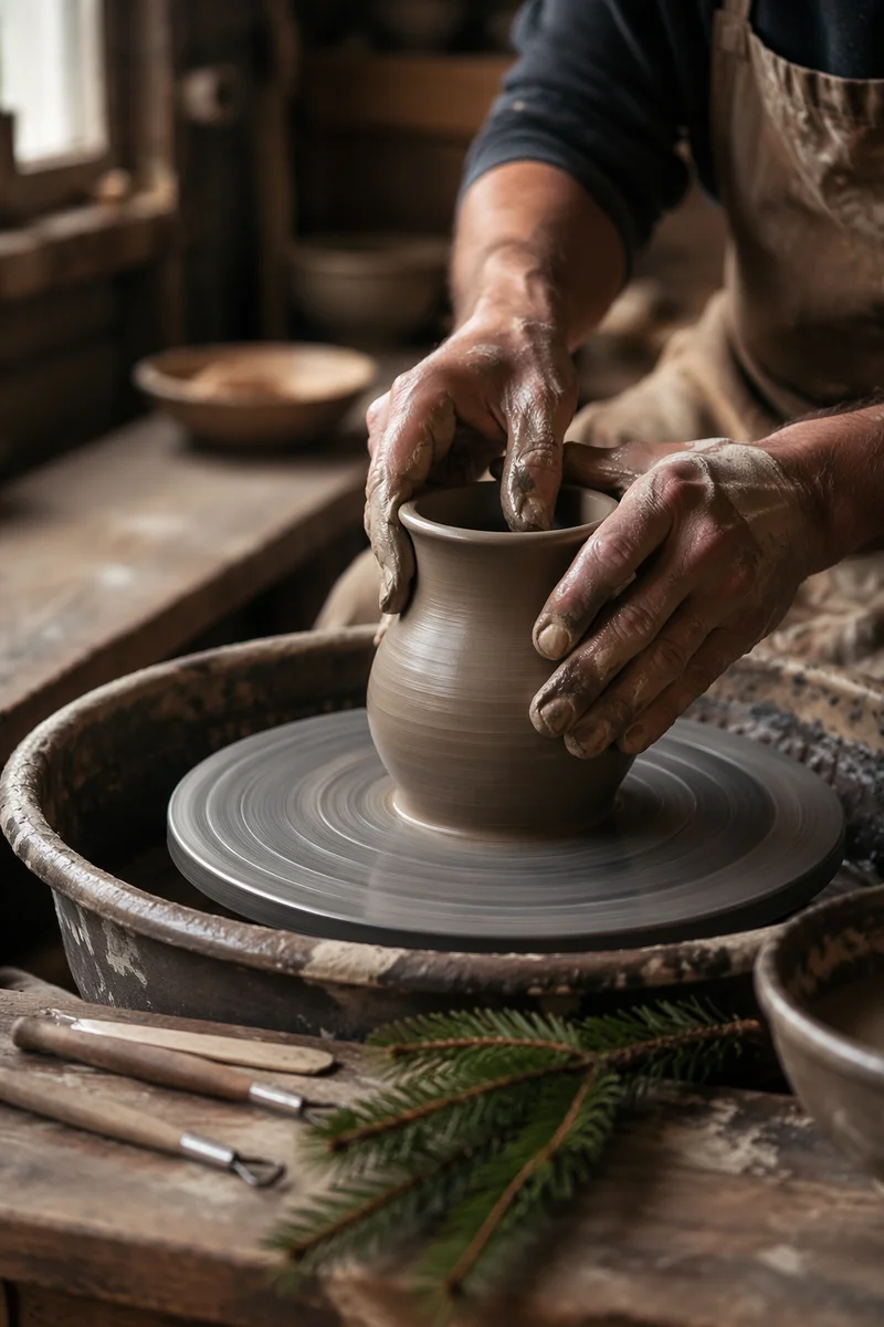 Potter Hands Shaping Clay With Evergreen