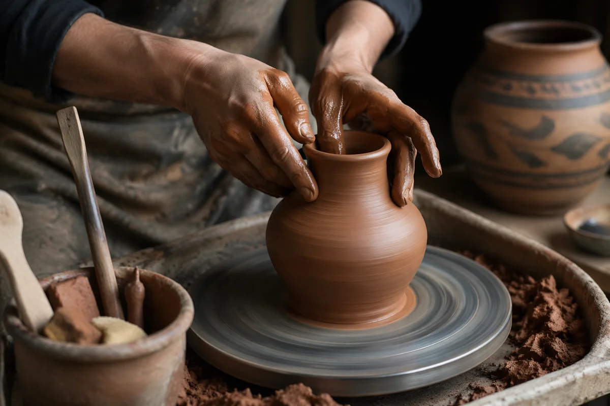 Potter Hands Shaping Terracotta Clay Vessel