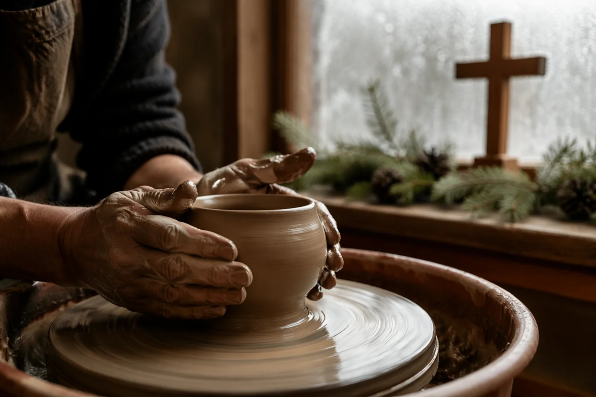 Potter Hands Shaping Clay with Cross