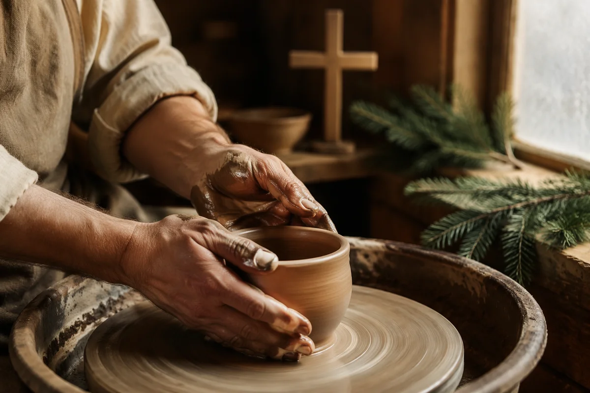 Potter Hands Shaping Clay in Faithful Workshop