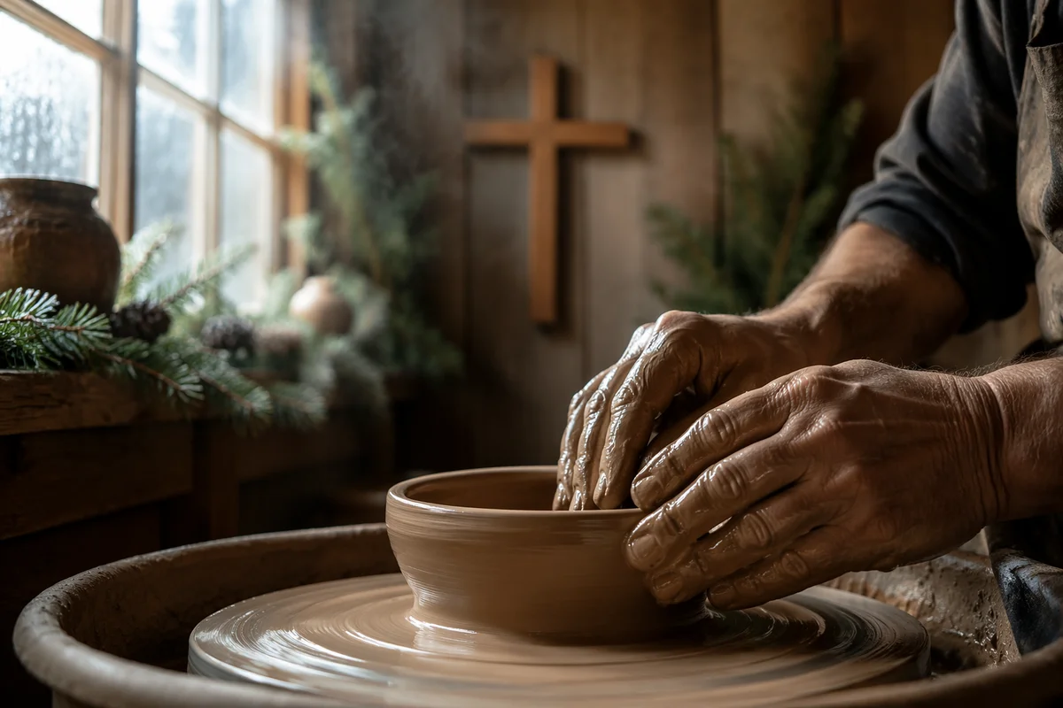 Potter Hands Shaping Clay with Evergreen Cross