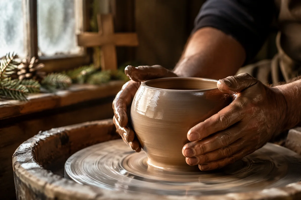 Potter Hands Shaping Clay with Evergreen Hope
