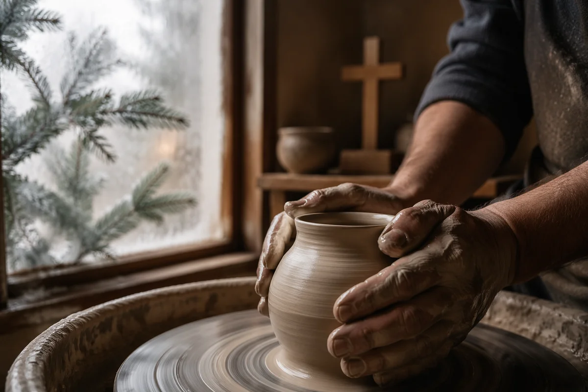 Potter Hands Shaping Clay in Prayerful Studio
