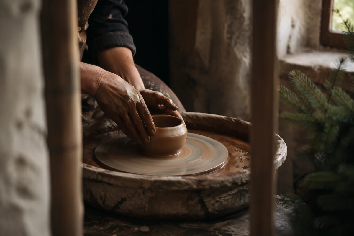 Potter Hands Shaping Clay in Workshop