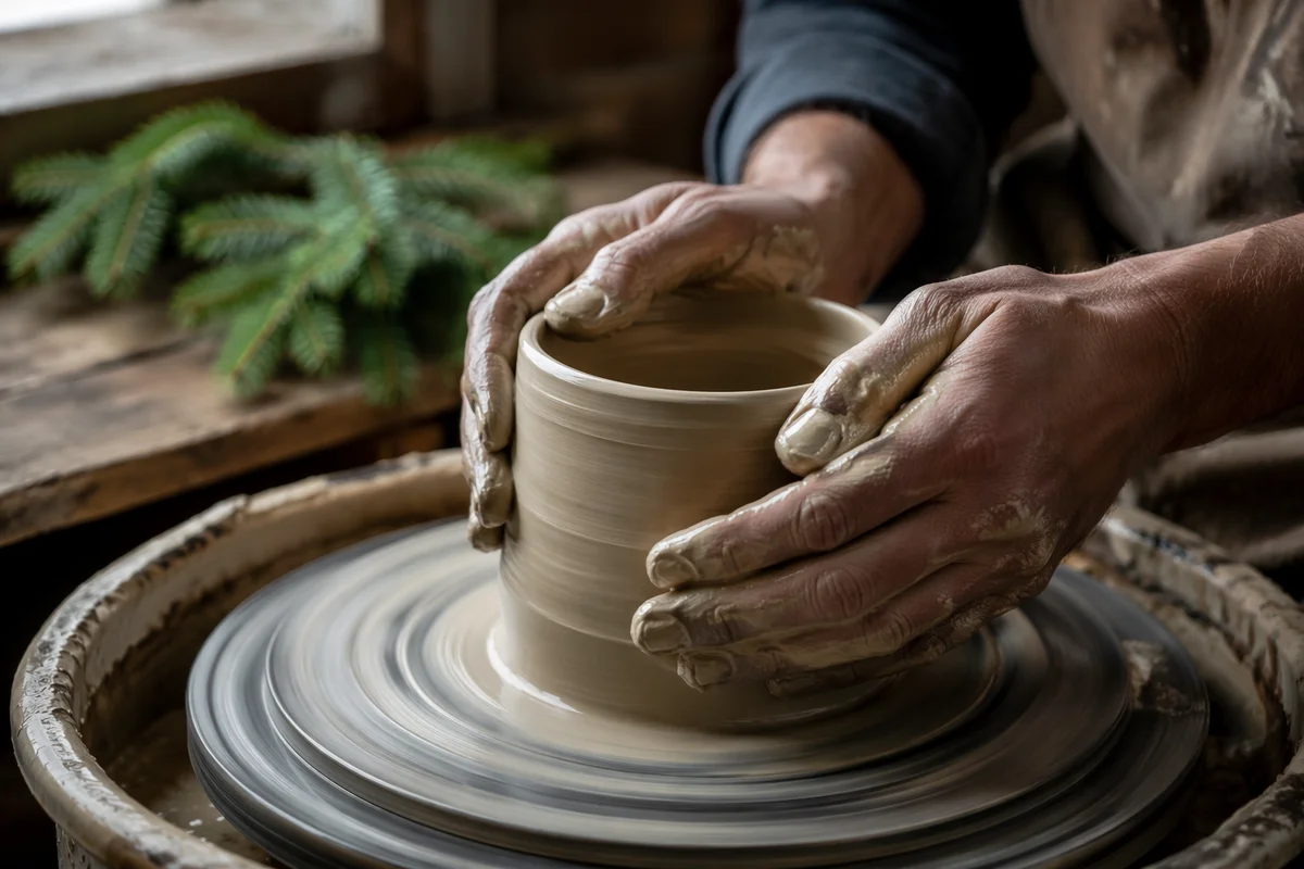 Potter Hands Shaping Clay with Evergreen Hope