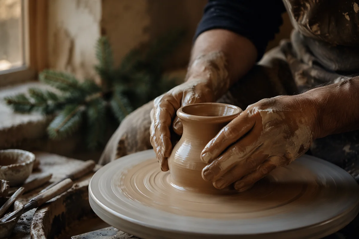 Potter Hands Shaping Clay with Evergreen Hope