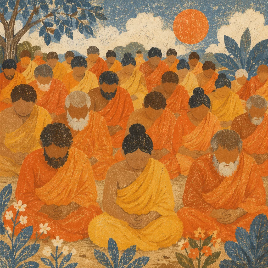 Prayer Group Hands Joined in Golden Robes
