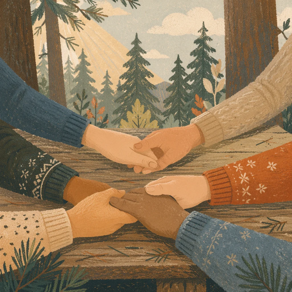 Evergreen Prayer Circle Hands in Morning Light