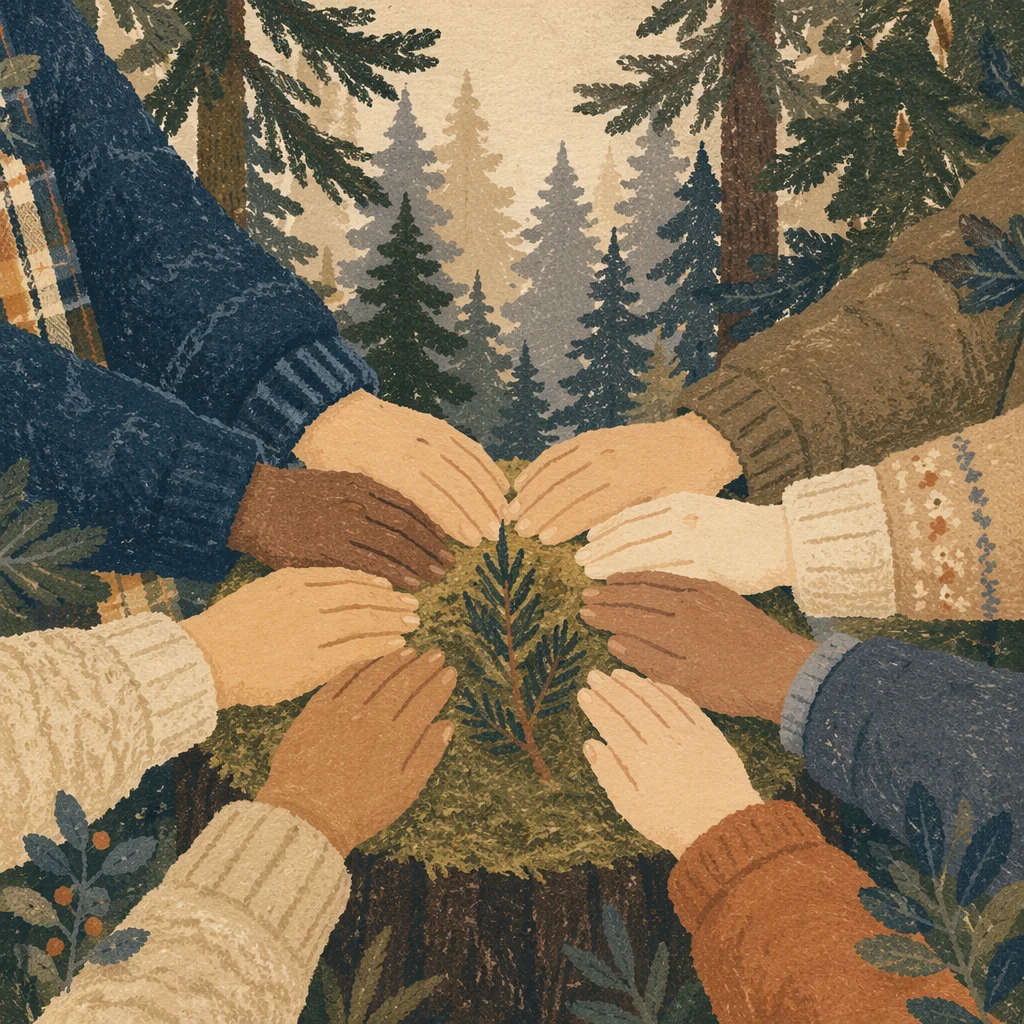 Prayer Circle Hands in Evergreen Forest
