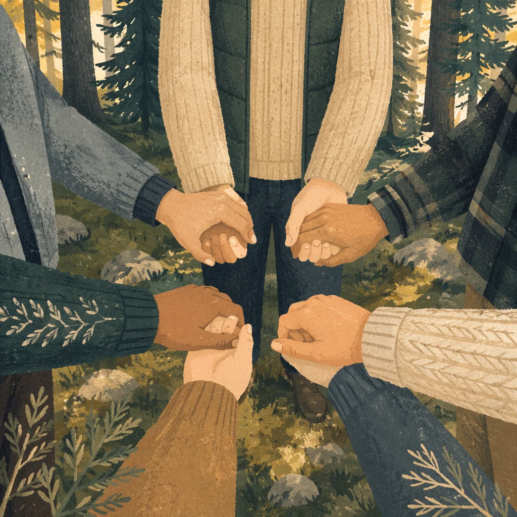 Prayer Group Hands in Evergreen Forest