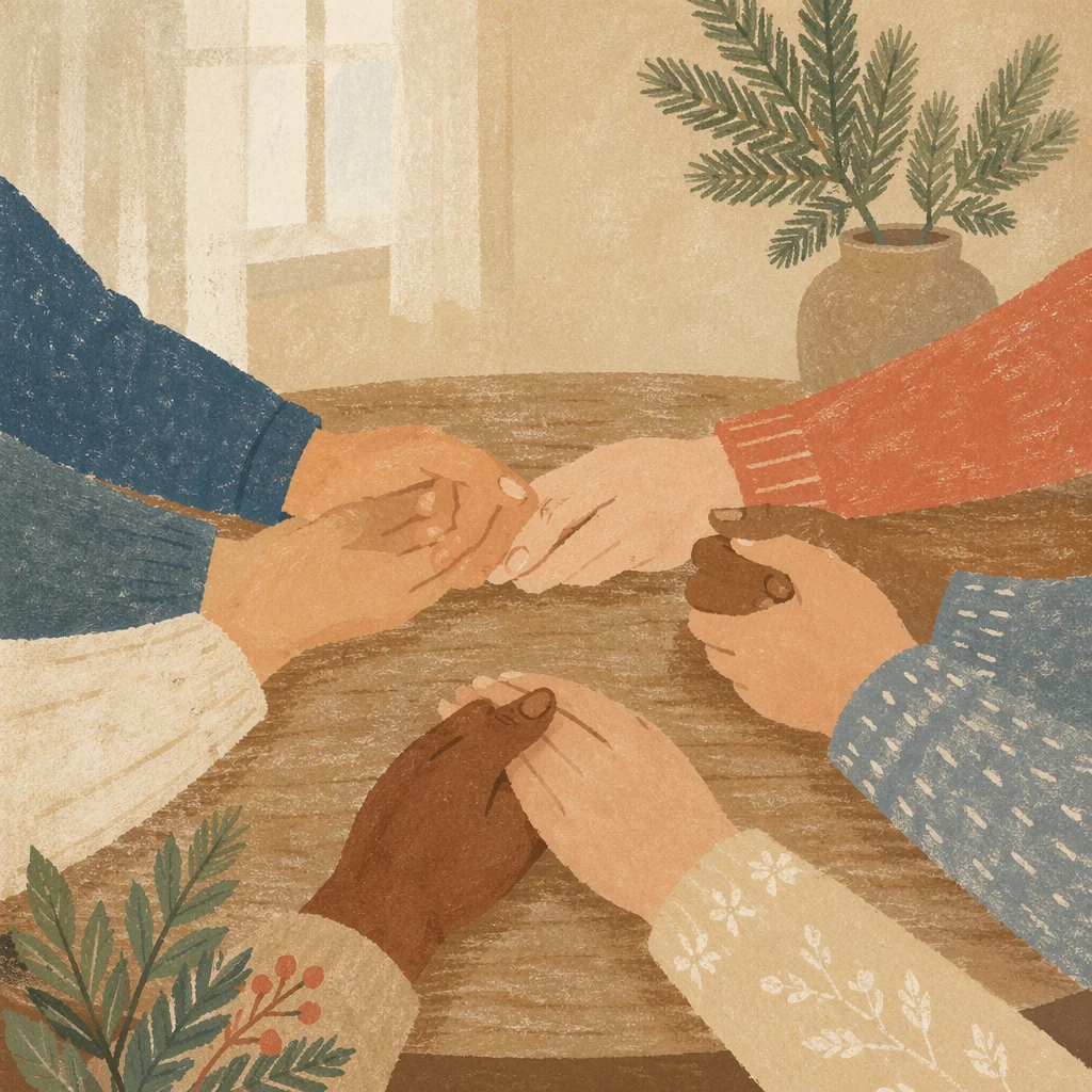 Prayer Group Hands with Evergreen Table Setting