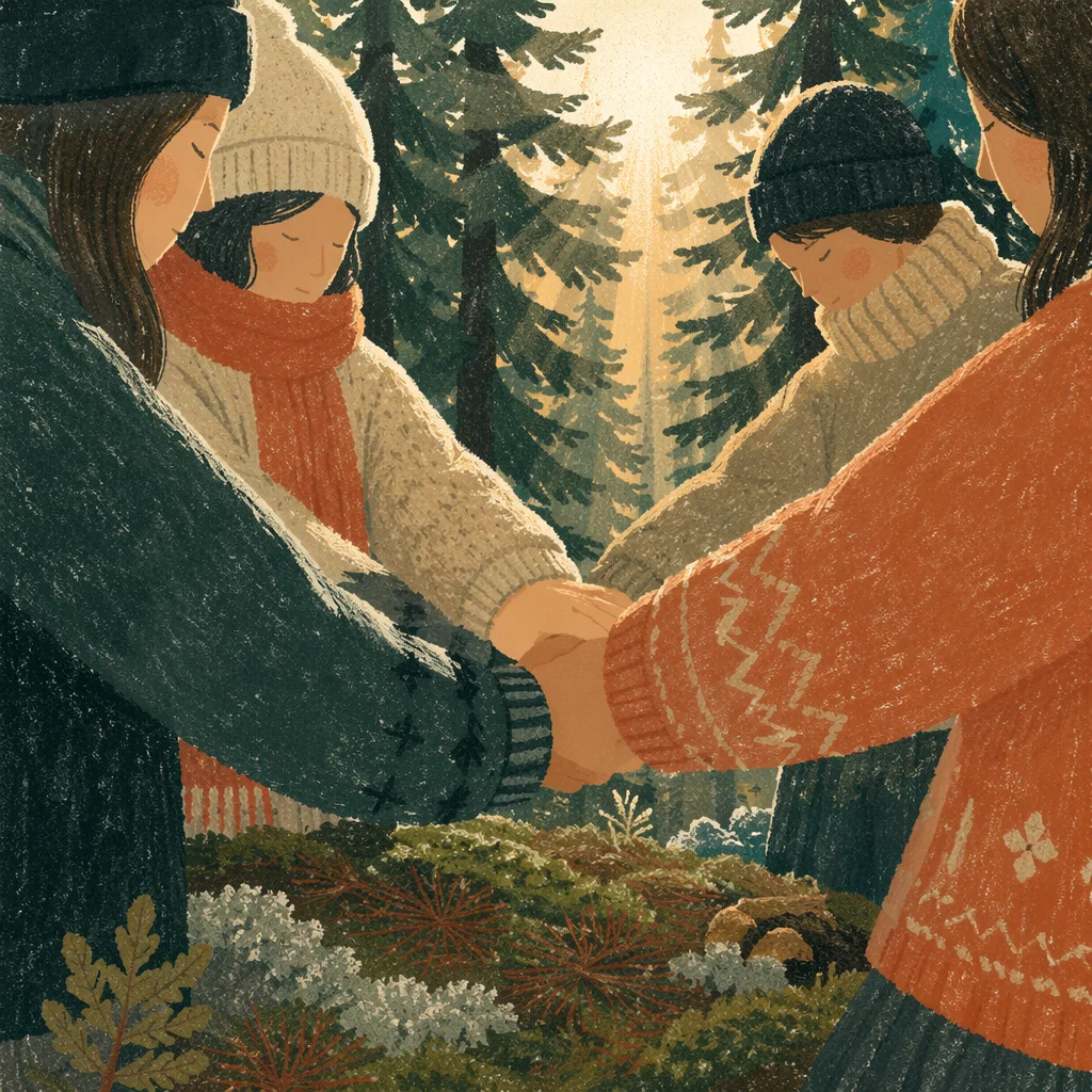 Prayer Group Hands Joined in Evergreen Forest