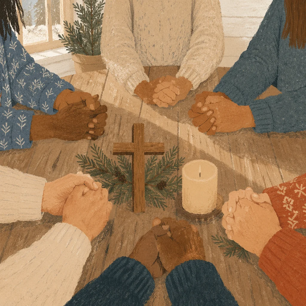 Prayer Circle Hands Around Wooden Cross