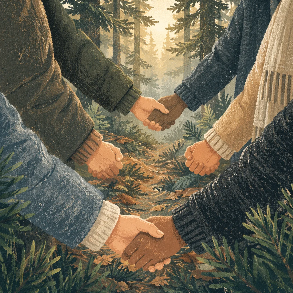 Prayer Circle Hands in Evergreen Morning Mist