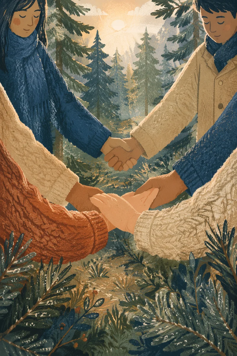Prayer Hands in Misty Evergreen Grove