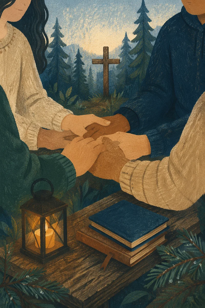 Prayer Group Hands in Evergreen Dawn