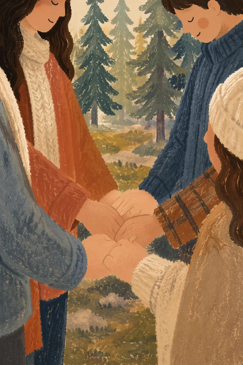 Prayer Group Hands in Evergreen Forest