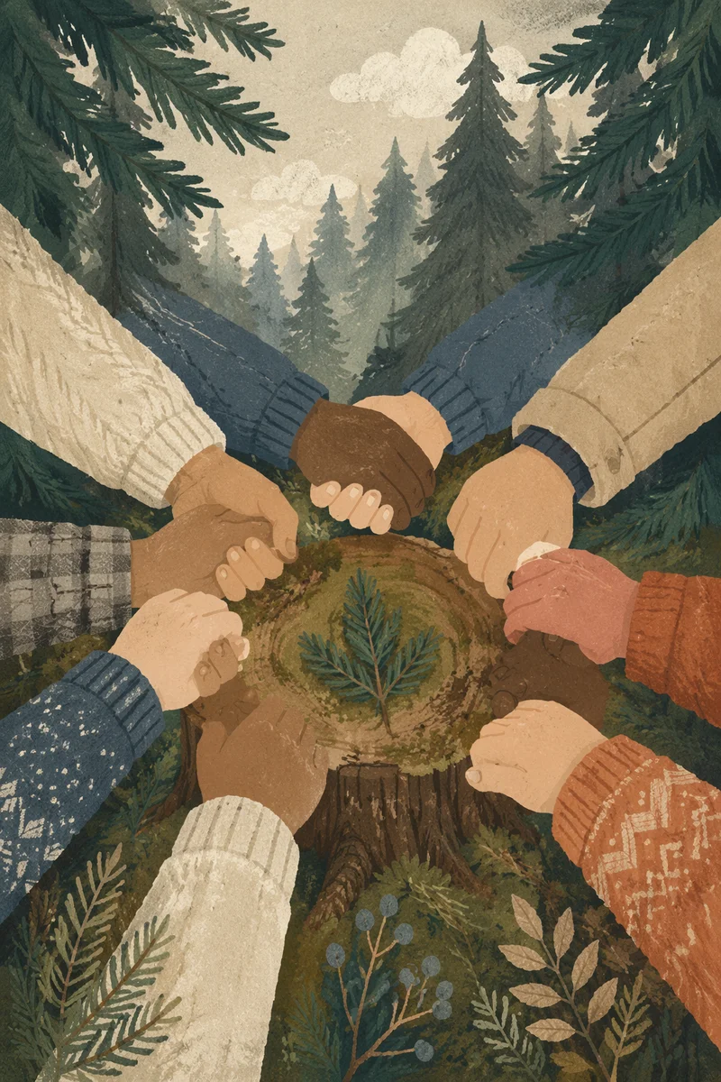 Prayer Group Hands in Evergreen Forest