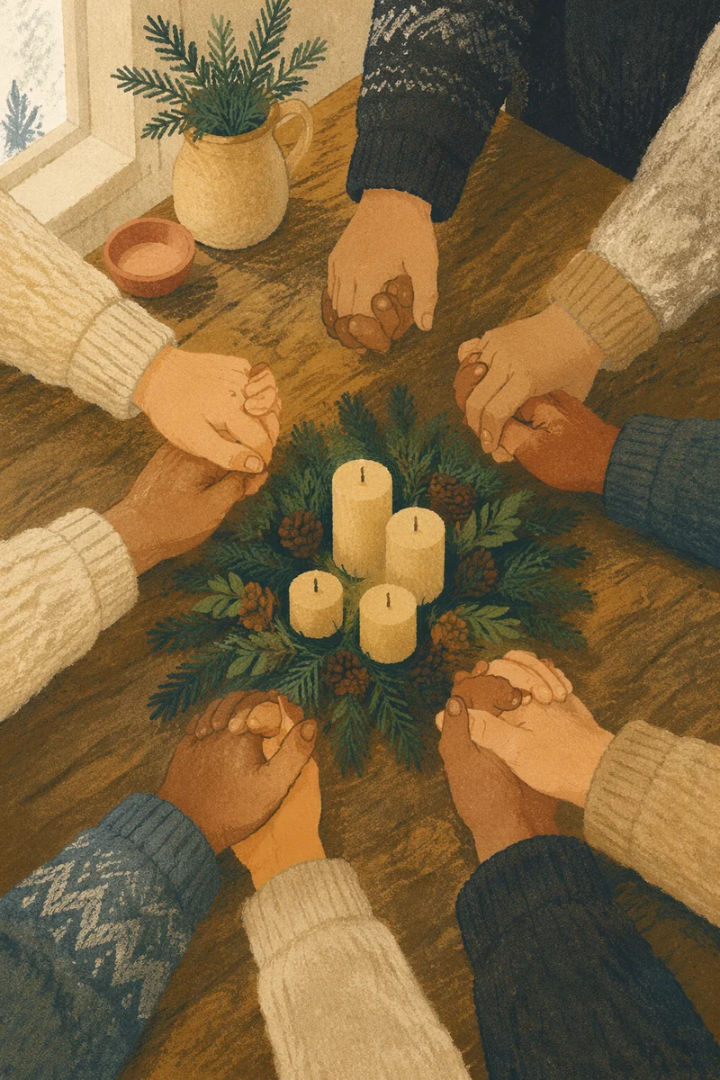 Prayer Group Hands Around Evergreen Table