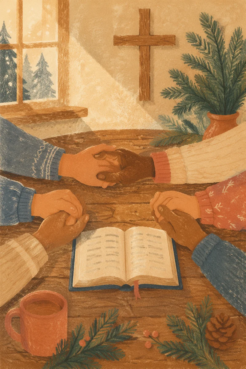 Prayer Group Hands Around Evergreen Chapel Table