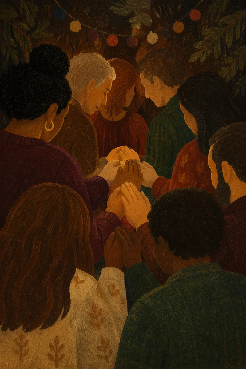Evergreen Prayer Group Hands in Warm Sanctuary Light