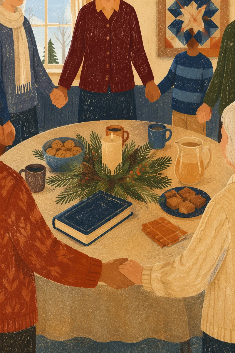 Prayer Circle Hands Around Evergreen Fellowship Table