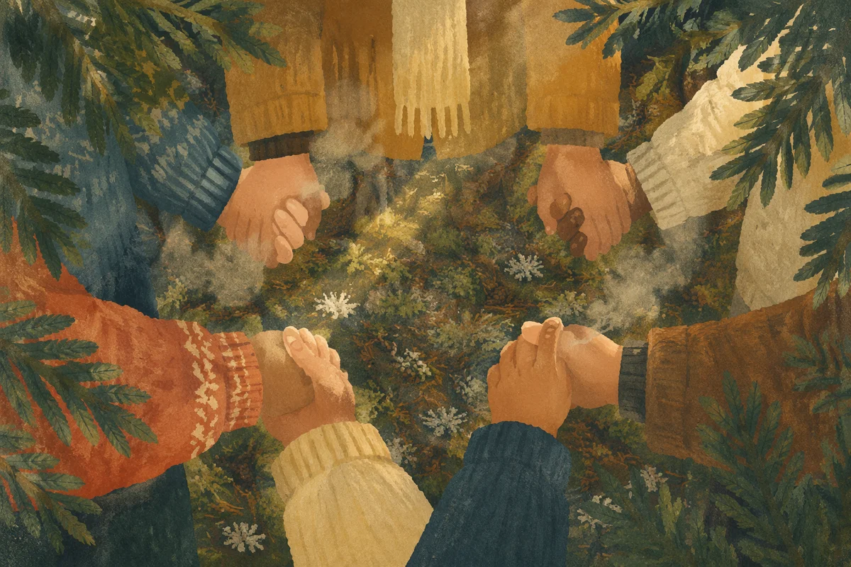 Prayer Circle Hands Under Evergreen Trees