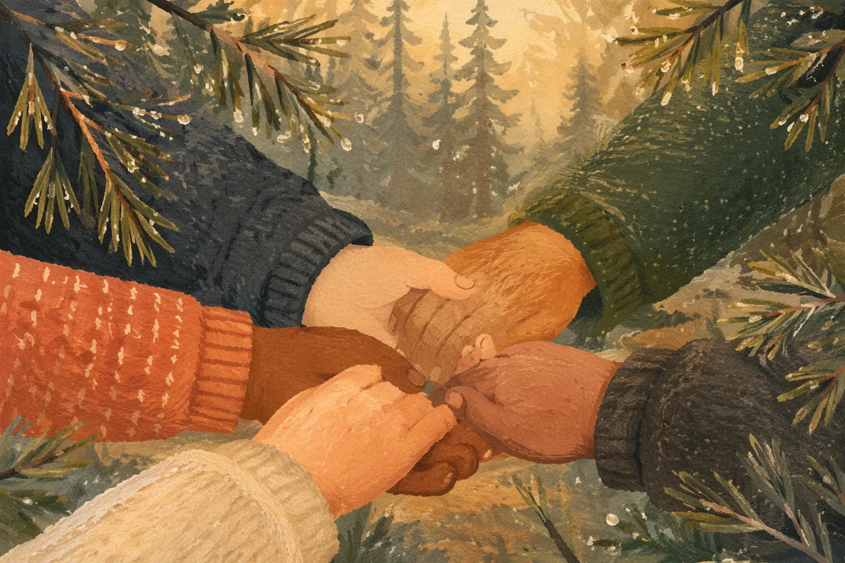 Prayer Group Hands in Evergreen Morning Mist