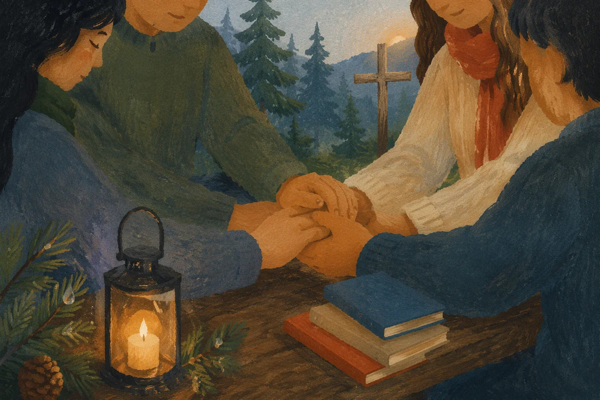 Prayer Group Hands in Evergreen Dawn