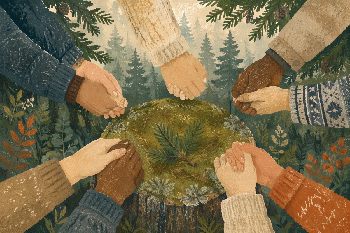 Prayer Group Hands in Evergreen Circle