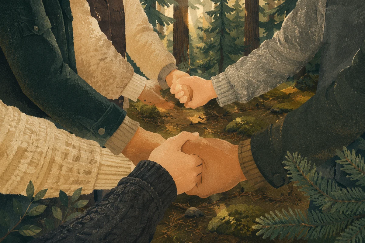 Prayer Group Hands in Evergreen Forest